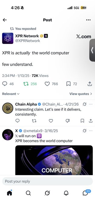 The main focus of the image is a phone screen displaying a social media platform, where multiple threads are being tweeted about the topic "XPR network". One of these tweets suggests that XPR network might be the world computer. The conversation is taking place in the Twitter chatbot area with users replying to their friends' posts and sharing their thoughts on the subject at hand.
