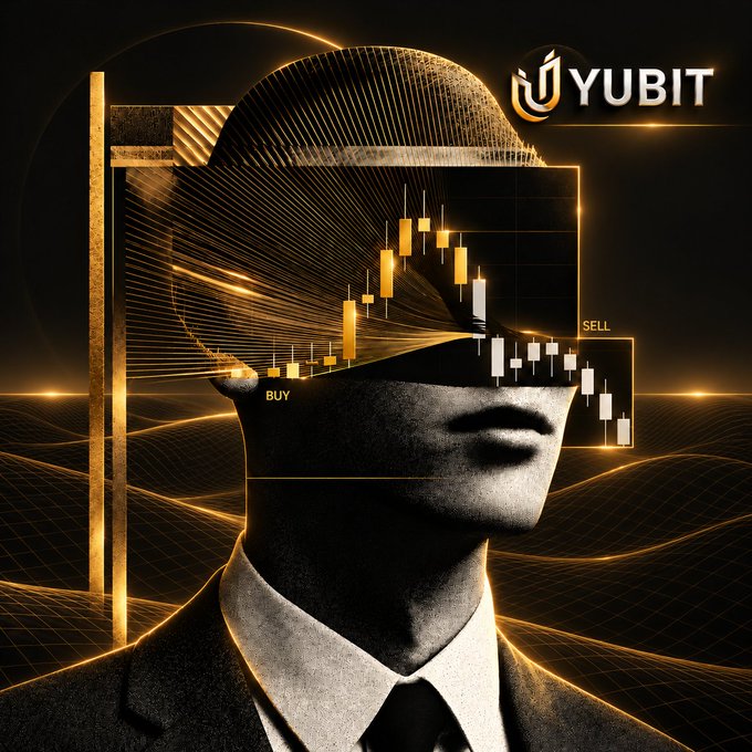 A dark, stylized promotional graphic for 'YUBIT' featuring a man in a suit whose head is obscured by a glowing orange cap overlay displaying a financial candlestick chart with 'BUY' and 'SELL' labels.
