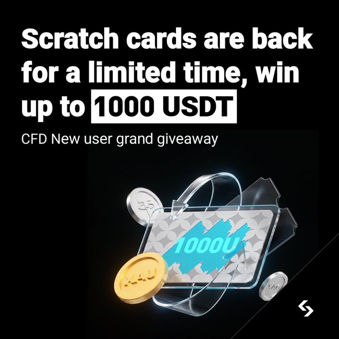 The image features a black background with white text that reads "Scratch Cards are back for a limited time, win up to 1000 USDT". The text also mentions a "CFD New User Grand Giveaway" and provides details about an upcoming event called the "Bitget CFD New User Carnival". The post encourages users to participate in the carnival by completing simple tasks or entering their lucky numbers.
