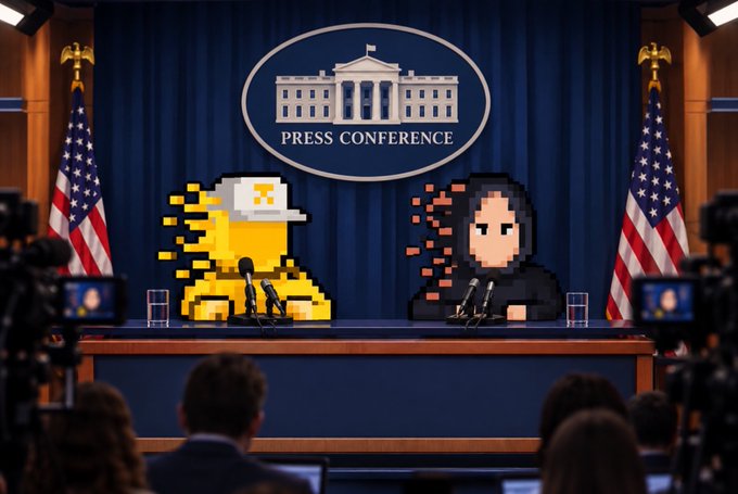 A pixel art parody depicts a yellow figure and a hooded figure seated at a White House press conference podium with the seal 'PRESS CONFERENCE', watched by reporters and cameras.