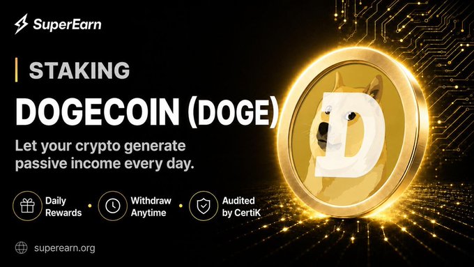 A promotional banner for SuperEarn staking Dogecoin (DOGE), featuring the Shiba Inu dog on a golden coin and text highlighting daily rewards and 24/7 withdrawals.