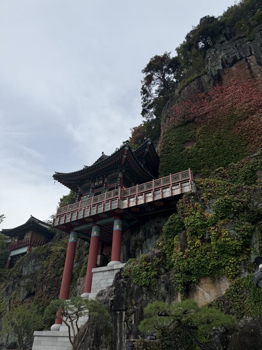 A traditional Korean pavilion with red columns, an ornate tiled roof, and an elevated wooden walkway built into a steep, vine-covered cliffside under an overcast sky.