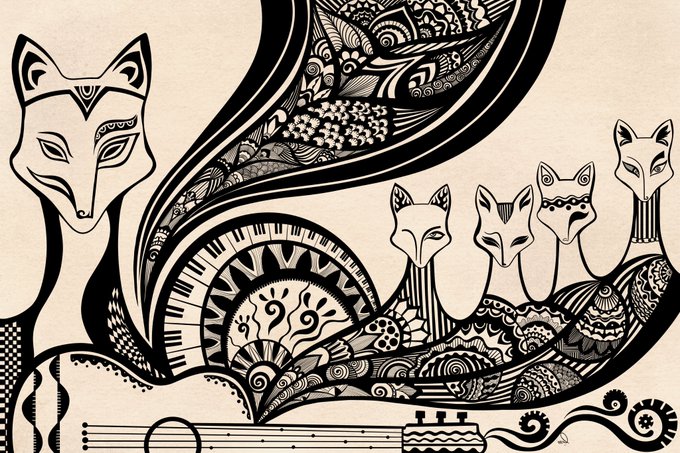 A black and white illustration featuring stylized foxes with a guitar at the bottom, decorated with intricate patterns including flowers, geometric shapes, and ornamental designs.