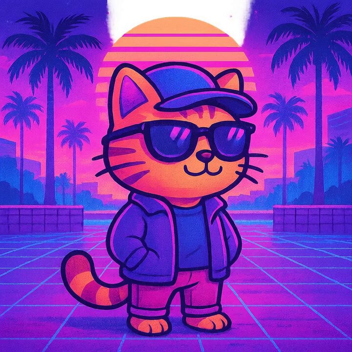 The image features a cartoon cat wearing sunglasses, a hat, and a jacket with its paws up in the air. The background of the image shows palm trees against a sunset sky, creating a tropical atmosphere. The caption "Zen mode: baseline vibes secured." suggests that this image is part of an art project or digital artwork, possibly related to a social media post or online platform.