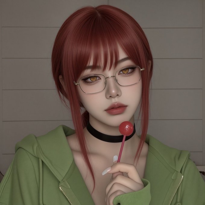 The image does not match the accompanying post about NFT projects and the Robinhood ecosystem. It shows a stylized digital/anime-style portrait of a woman with red hair, glasses, and a green hoodie holding a red lollipop, which has no connection to the NFT topic described.