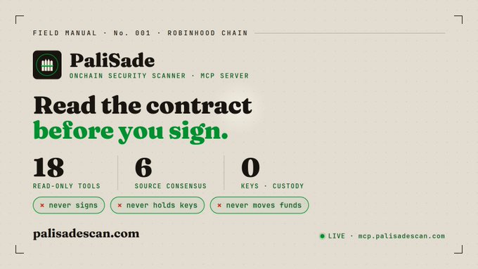A promotional design for 'PaliSade' styled as a 'FIELD MANUAL · No. 001 · ROBINHOOD CHAIN' featuring the tagline 'Read the contract before you sign,' statistics showing 18 read-only tools, 6 source consensus, and 0 keys/custody, and the URL 'palisadescan.com'.