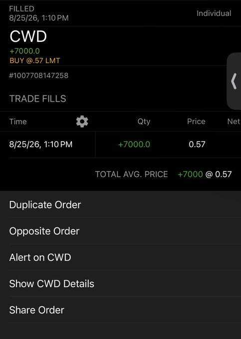 A trading app screenshot confirming a filled order to BUY +7000.0 shares of CWD at $0.57 LMT on 8/25/26 at 1:10 PM, validating the post's claim of purchasing 7k shares of the Chainlink Treasury company.