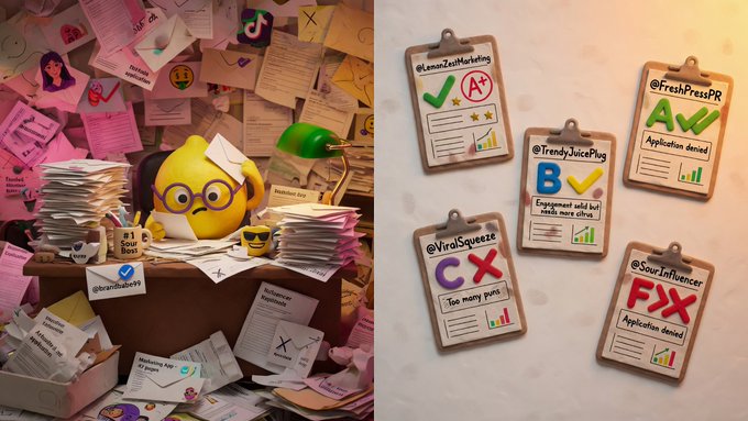 A split image: on the left, a tired lemon character sits at a desk overflowing with papers and notifications; on the right, five clipboards display grades like A+, A, B, Cx, and Fix for various social media performance metrics.