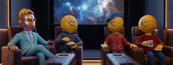 An AI-generated image showing four characters in a movie theater; one has a normal human face while the other three have spherical potato-like heads wearing glasses, with one holding popcorn and another holding a camera.