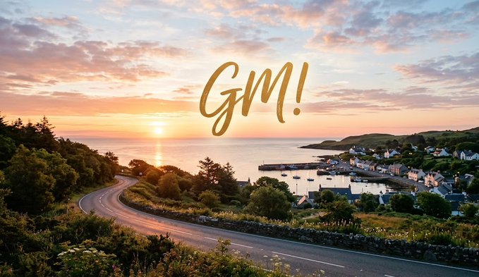 A scenic coastal sunset view featuring a winding road overlooking a harbor village, with the greeting 'GM!' displayed in elegant gold script against a pink and orange sky.