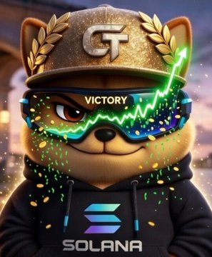 A digital illustration shows an anthropomorphic dog character wearing a gold 'GT' cap, victory sunglasses with green lightning effects, and a Solana-branded hoodie.