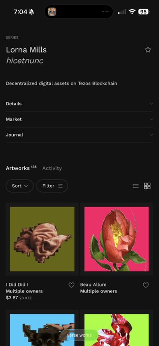 Mobile app screenshot showing an NFT collection by 'Lorna Mills' titled 'hicetnunc' on Tezos Blockchain, displaying artwork listings including 'I Did Did I' ($3.87, 20 XTZ) and 'Beau Allure' (Multiple owners).