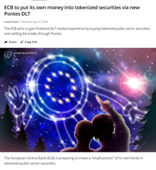 A news article headline reads 'ECB to put its own money into tokenised securities via new Pontes DLT,' with an image showing a person pointing at a glowing EU stars symbol in space.