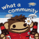 A small pixel art image featuring a brown emoji-like character with a flower on its head and holding red soda bottles, with the text 'what a community' above against a blue sky background.