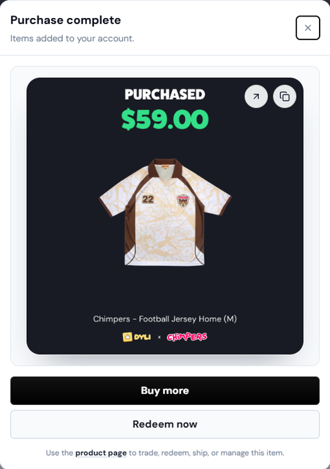 A purchase confirmation screen showing 'PURCHASED $59.00' for a 'Chimpers - Football Jersey Home (M)' with logos for OVI and Chimpers.