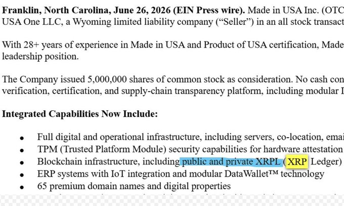 The image shows a June 26, 2026 EIN Press release from Made in USA Inc. announcing an all-stock acquisition of USA One LLC involving 5,000,000 shares of common stock, with integrated capabilities including blockchain infrastructure featuring "public and private XRPL (XRP Ledger)" support. The highlighted mention of the XRP Ledger directly supports the post's claim that "$XRP Ledger prevails again," illustrating continued institutional adoption of XRPL technology within U.S.-focused supply chain platforms.