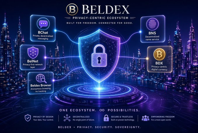 Promotional graphic for Beldex, a privacy-centric cryptocurrency ecosystem, showcasing components BChat (messaging), BNS (name service), BelNet (network layer), Beldex Browser, and BDX (digital currency) under the tagline 'ONE ECOSYSTEM. INFINITE POSSIBILITIES.' and values like privacy, decentralization, security, and freedom.