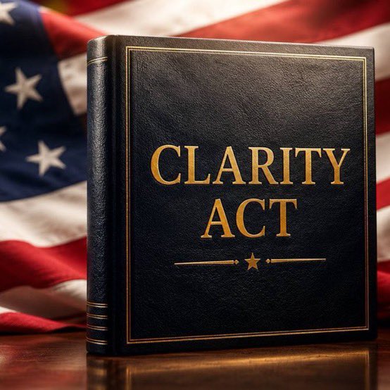 A leather-bound book titled "CLARITY Act" in gold lettering rests against a draped American flag, symbolizing legislative authority and U.S. policy. The post uses this image to underscore the tension between the act's goal of protecting self-custody rights and the practical reality that most users prefer not to manage their own crypto keys.