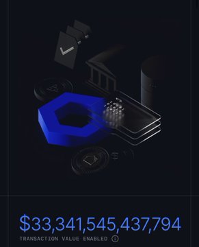 A dark-themed digital graphic showing financial assets including a check, bank, and phone with the text "$33,341,545,437,794" and "TRANSACTION VALUE ENABLED" displayed prominently.