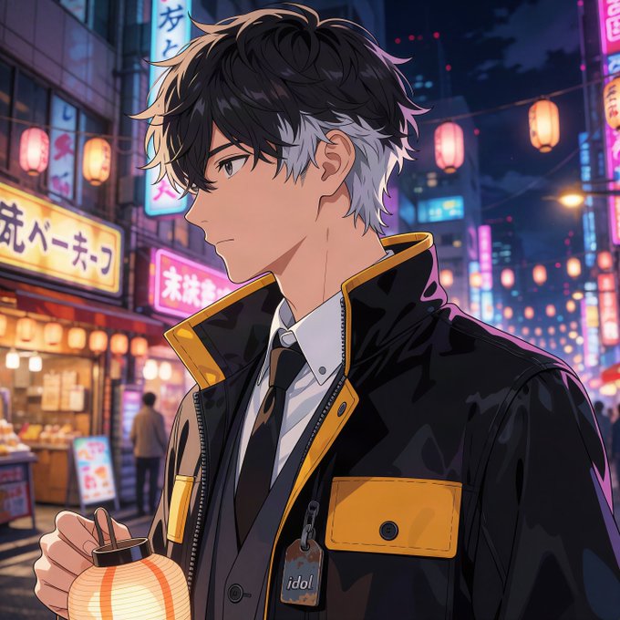 An anime-style illustration of a young man with black and silver hair wearing a black and yellow jacket with an 'idol' tag, standing in a neon-lit Japanese street with paper lanterns and holding a small lantern.