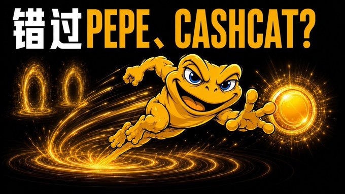A dynamic golden frog character lunges toward a glowing orb amid swirling cosmic rings, with bold Chinese and English text at the top reading "错过PEPE、CASHCAT?" ("Missed PEPE and CASHCAT?"), visually promoting an upcoming meme coin launch tied to the Robinhood Chain.

Key text visible: "错过PEPE、CASHCAT?"