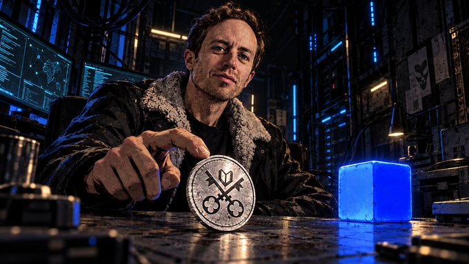 A man in a shearling-collared jacket holds a silver coin with a key logo, with a glowing blue cube on the table beside him in a tech-themed environment.