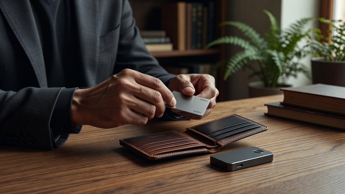 A person in a dark suit holding a credit card at a wooden desk, with a brown leather wallet, an electronic device, and a potted plant in the background.