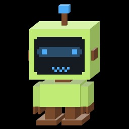 A pixel art illustration of a green blocky robot character with a digital screen face displaying blue eyes and a smile, featuring a blue antenna on top and brown feet.