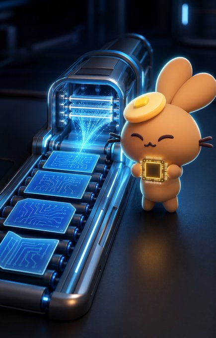 A cute cartoon bunny wearing a yellow beret holds a glowing microchip while standing beside a high-tech conveyor belt of illuminated circuit boards, symbolizing the character as a critical chip supplier that major tech companies depend on—matching the post's hint about a mystery stock central to the world's biggest tech firms.
