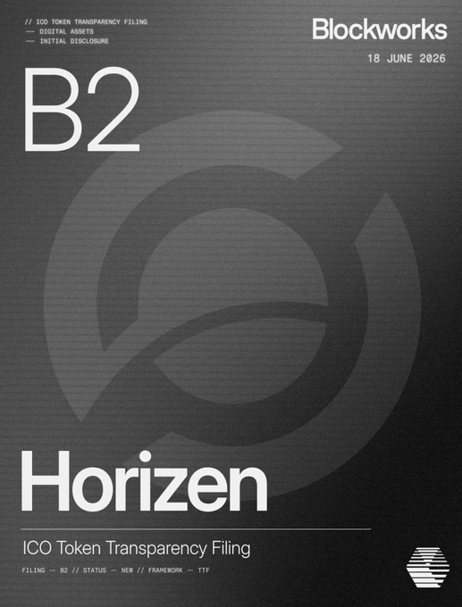 The image is a dark, minimalist cover page from Blockworks dated 18 June 2026, labeled "B2" and "Horizen," indicating an ICO Token Transparency Filing related to the accompanying post about Horizen's 2017 fair launch, ZenIP governance, and entity structure. The visible text confirms key filing details, including "ICO Token Transparency Filing," "Digital Assets," and "Initial Disclosure," highlighting the auditable transparency the post references.