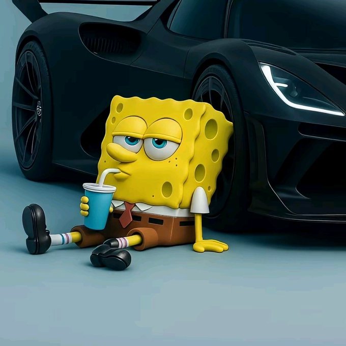 A stylized image of SpongeBob SquarePants sitting on the ground leaning against a black sports car, holding a blue cup with a bored expression.