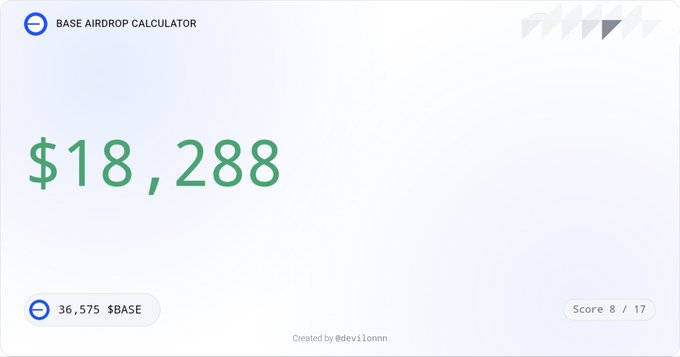 A screenshot of a "BASE AIRDROP CALCULATOR" tool showing an estimated allocation of $18,288 based on a wallet holding 36,575 $BASE tokens with a score of 8/17, created by @devilonnn. The calculator visually represents the kind of third-party airdrop estimation tool referenced in the post, which warns users to avoid connecting wallets or minting from unofficial sources.