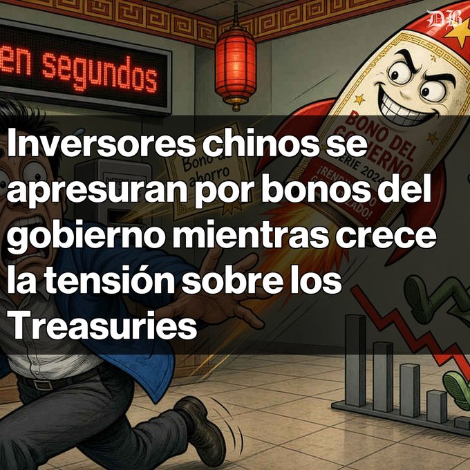 An editorial cartoon illustration showing a panicked investor running from a rocket-like Chinese government bond, with Spanish text: 'Inversores chinos se apresuran por bonos del gobierno mientras crece la tensión sobre los Treasurys'.