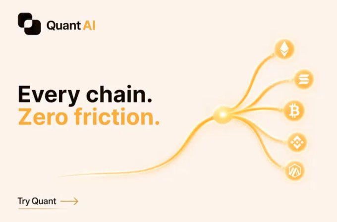A minimalist landing page for "Quant AI" featuring the tagline "Every chain. Zero friction." with a yellow graphic connecting to various blockchain icons like Ethereum and Bitcoin, and a "Try Quant" call-to-action.