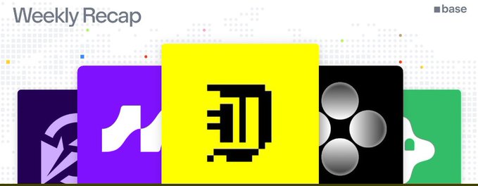 A 'Weekly Recap' graphic showing several colorful square tiles representing different cryptocurrency or blockchain projects, including a prominent yellow tile with a black 'B' logo.
