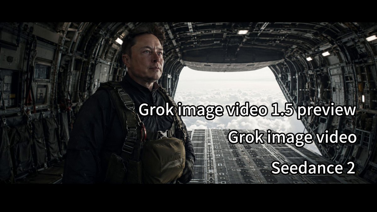 The image features a man wearing a backpack standing inside an airplane cockpit with his arms crossed over his chest, looking out of the window at the snowy landscape below. The caption for the image reads "Grok Image Video 1.5 preview Grok image video Seedance 2 Mind-blowing @imagine".