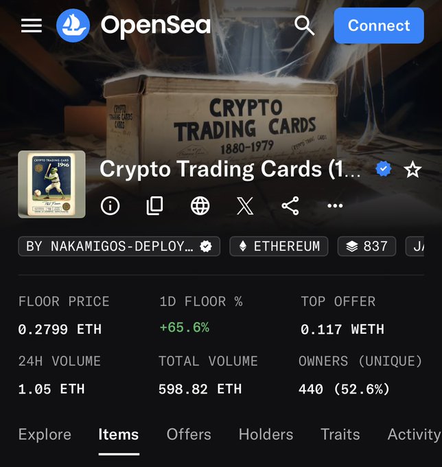 The image displays a computer screen with a page from OpenSea displaying information about Cryptocurrency trading cards. These cards are offered as a collectible item for players who want to trade them online, allowing them to engage in the crypto market. The cards offer various attributes and prices based on their rarity and value within the collector's network, making it a popular choice among cryptocurrency enthusiasts looking to diversify their collection or make some money through trading.