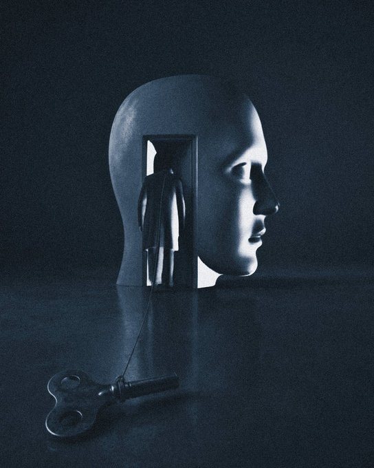 A surreal dark monochromatic artwork shows a large head with an open doorway revealing a silhouetted figure, with a vintage key on the floor connected to the figure by a string.