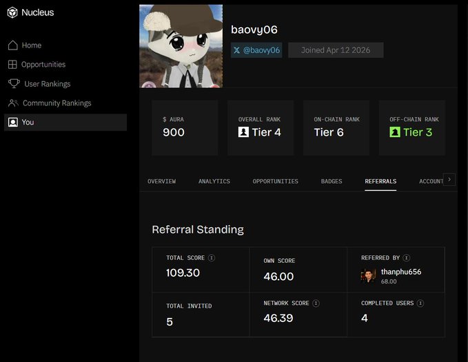 A dark-themed dashboard screenshot for 'Nucleus' showing user 'baovy06' profile with 900 AURA, Tier 4 Overall Rank, and a Referrals tab displaying total score of 109.30, 5 invited users, and 4 completed users.