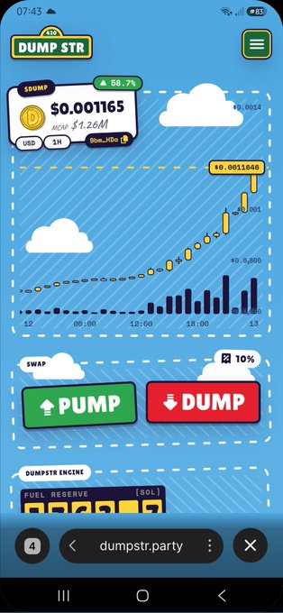 A mobile screenshot of a crypto trading site 'dumpstr.party' showing a token called 'DUMP STR' with a price of $0.001165, an 88.7% green indicator, a price chart, and large 'PUMP' and 'DUMP' buttons.