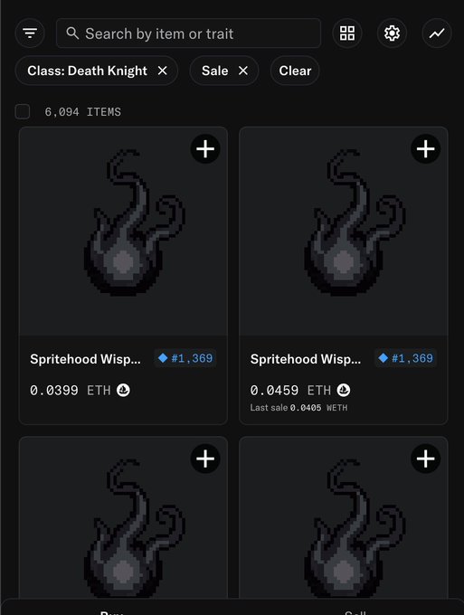 A dark-themed NFT marketplace interface showing items filtered by "Class: Death Knight" and "Sale," displaying a grid of "Spritehood Wisp" items with prices in ETH (0.0399 and 0.0459 ETH) from 6,094 total items.