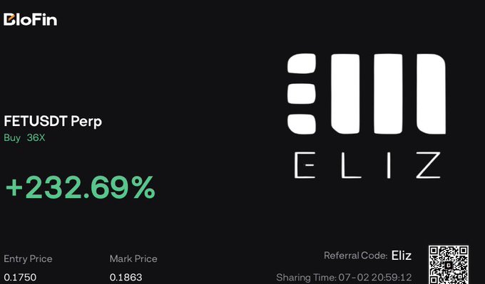 A BloFin perpetual futures trading card shows a long (Buy 36X) position on FETUSDT Perp with an unrealized gain of +232.69%, entered at 0.1750 with a mark price of 0.1863. The image reflects the poster's excitement about $FET's upward momentum, visually confirming the strong gains fueling their enthusiastic reaction.