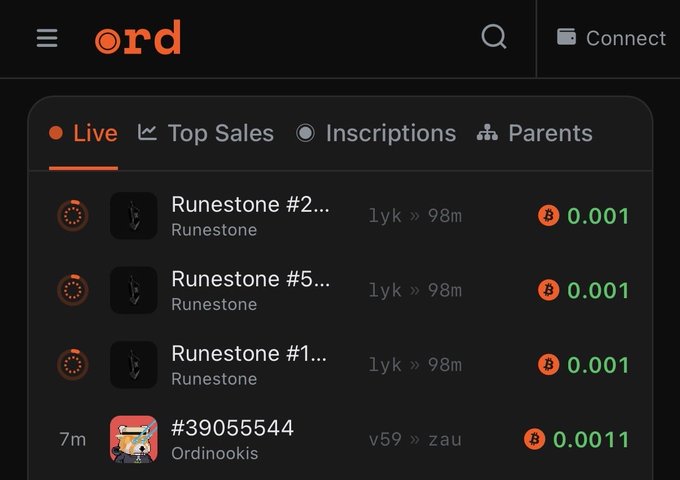 A screenshot of the "ord" website showing the Live feed of recent Bitcoin Ordinal inscriptions, including several "Runestone" entries priced at 0.001 Bitcoin.
