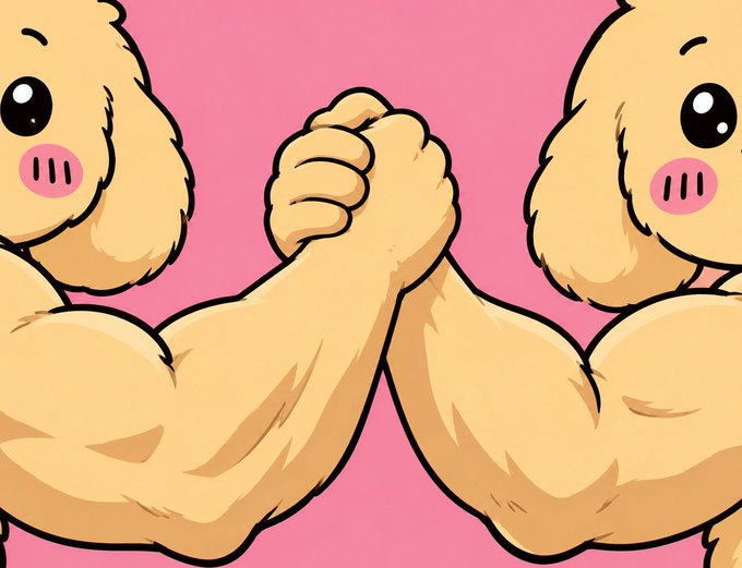 A bright pink cartoon image shows two yellow, pig-like characters clasping hands in the center.