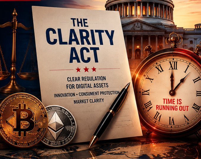 A document titled "THE CLARITY ACT - Clear Regulation for Digital Assets • Innovation • Consumer Protection • Market Clarity" is displayed alongside a Bitcoin coin, an Ethereum coin, a golden pocket watch reading "TIME IS RUNNING OUT," and the U.S. Capitol building in the background. The image reinforces the post's message that the Clarity Act, which aims to provide regulatory clarity for the crypto industry, faces an uncertain timeline as the bill awaits a Senate floor vote before the recess, with the ticking clock symbolizing the urgency and dwindling window for legislative action.