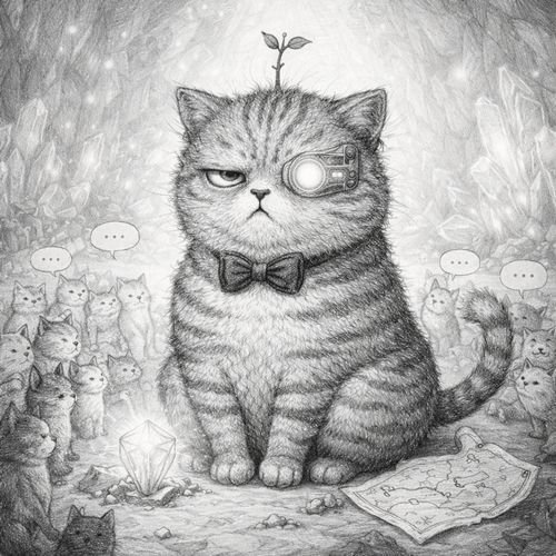 A detailed pencil drawing of a serious-looking tabby cat wearing a monocle and bow tie, with a small plant sprouting from its head, surrounded by smaller cats in a cave-like setting with a crystal and treasure map.