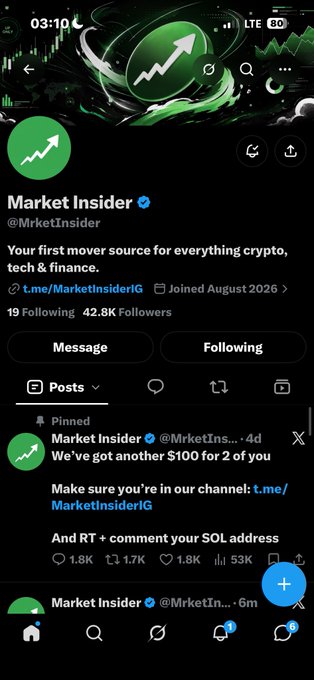 A social media profile screenshot for "Market Insider" (@MrketInsider) on X, featuring a green arrow logo and a pinned post about giving away $100 to two people in their channel.