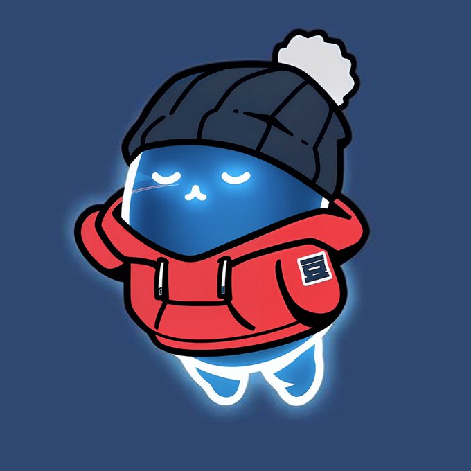 A cartoon-style mascot character with a glowing blue face and body, wearing a dark blue beanie and a red puffer jacket with a small logo patch, standing against a solid dark blue background.