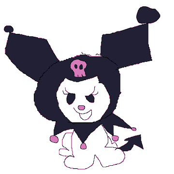 A cartoon illustration of Kuromi, the Sanrio character, featuring a black hood with a pink skull, jester-like ears, and a mischievous expression.