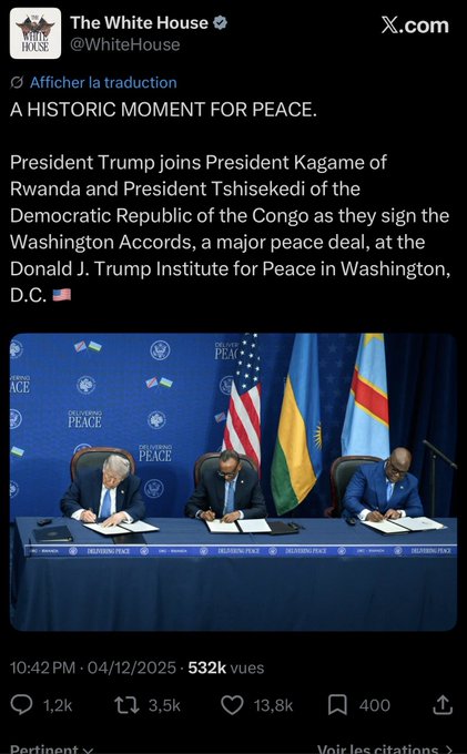 The image features a post from The White House Twitter account, which is promoting peace between different countries at various levels of government. In the post, it appears that President Trump signed an agreement with Congo for the extraction of minerals worth trillions of dollars, aimed at helping Congo to combat their ongoing war against Rwanda and other nations in Africa. The post also mentions the rich resources found within Congo itself, emphasizing its potential value as a source for these minerals once extracted.